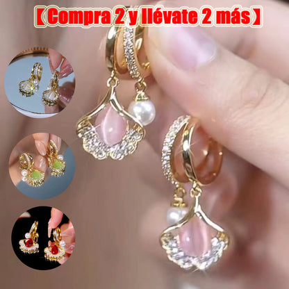 Pendientes elegantes con piedras preciosas de ojo de gato y diseño de hoja de ginkgo